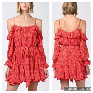 Fate Ditsy Red Floral Print Cold Shoulder Ruffle Dress size S